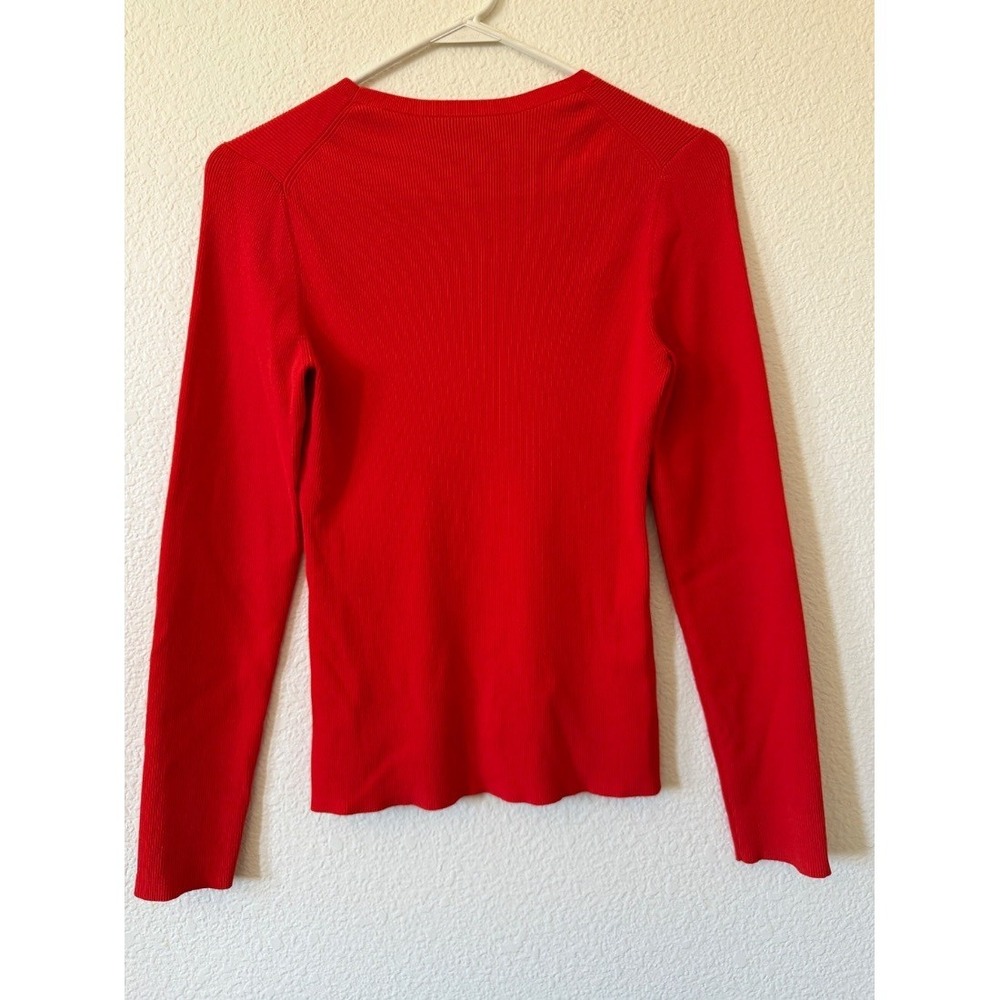 Theoryβ Womens Red Ribbed Knit Long Sleeve Crewneck Fitted Sweater Top L - Picture 3 of 16
